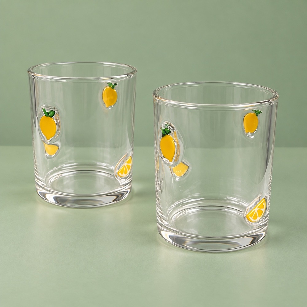Style Lemon Print Icon Glass Tumblers Set of 2 Citrus Fruit Juice Glasses